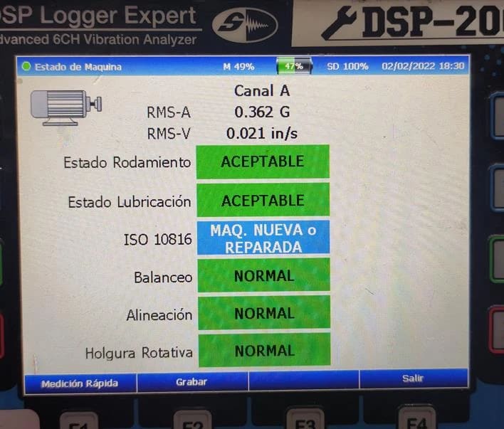 Pantalla del analizador de vibraciones con el diagnóstico de rodamiento, balanceo y alineación del motor del molino