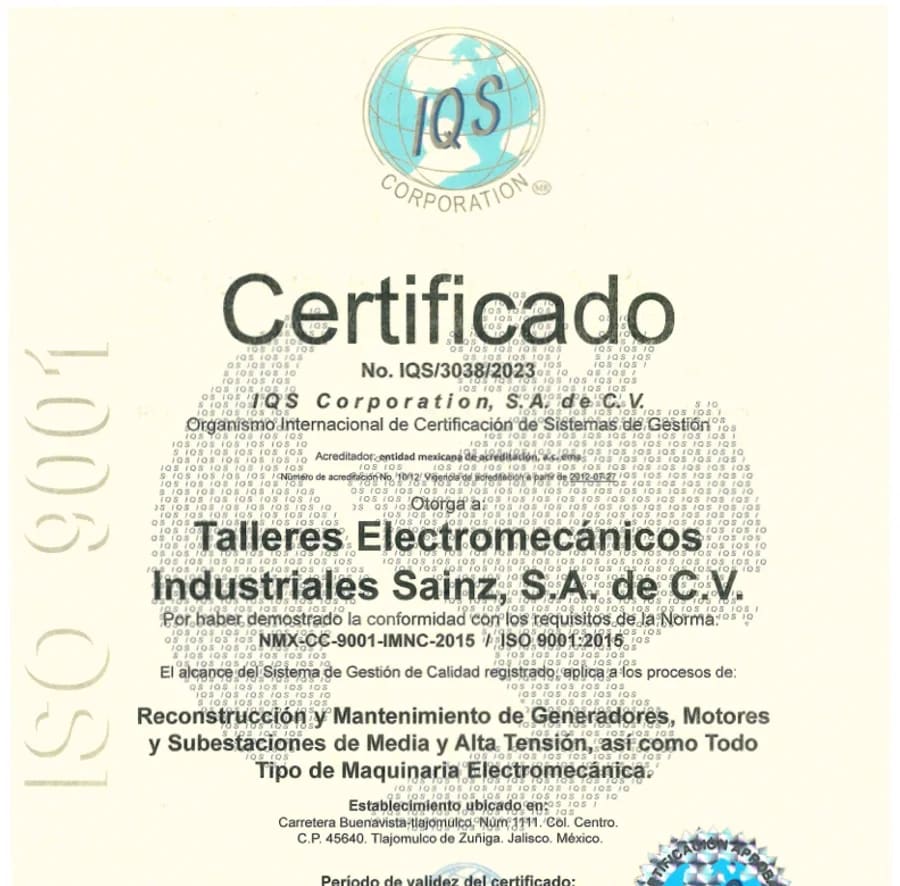 Certificado ISO 9001:2015 de Talleres Electromecánicos Industriales Sainz