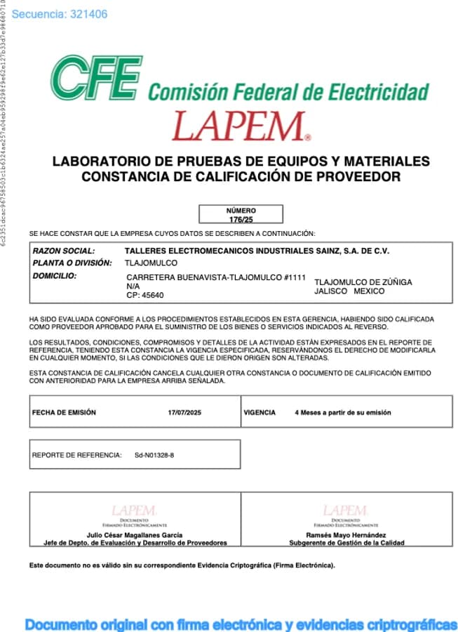 Constancia de calificación de proveedor CFE LAPEM de Talleres Electromecánicos Industriales Sainz