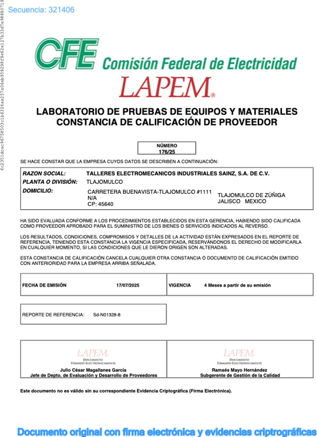 Constancia de calificación de proveedor CFE LAPEM de Talleres Electromecánicos Industriales Sainz