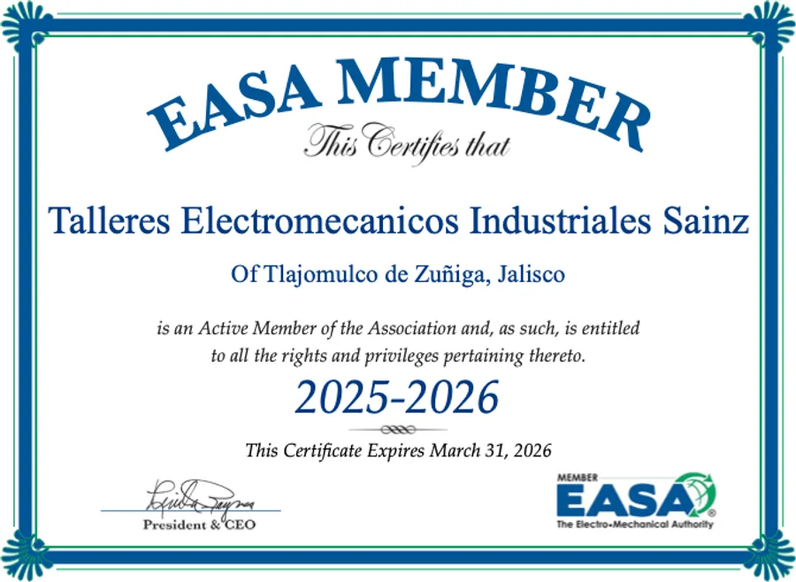 Certificado de membresía EASA de Talleres Electromecánicos Industriales Sainz